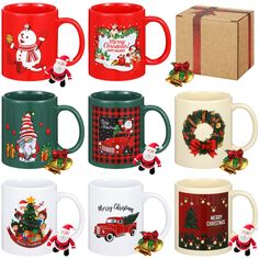 christmas themed coffee mugs with presents and decorations