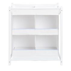 an empty white shelf with four shelves on each side and three blue lines at the bottom