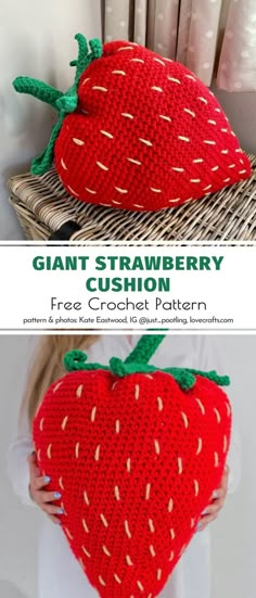 a crocheted strawberry pillow is shown with the text, giant strawberry cushion free crochet pattern