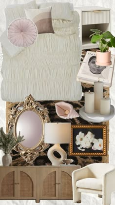 a collage of furniture and decor items including a bed, mirror, lamp, plant