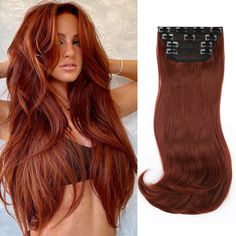 PRICES MAY VARY. Clip in Hair Extensions Material : FREEMEIGE copper red hair extensions products made of heat resistant synthetic fiber.Tangle free,silky, soft,natural,long service life with wide-toothed comb.This copper red clip hair extensions soft and smooth, easy to comb and not easy to knot, suitable for women and girls with less hair,Wear it to make your hair look more natural. Product Details:To make the layering effect more obvious, we added a unique design: there are 4 pieces in a pack Red Hair Extensions Clip In, Layered Hair Extensions, Wavy Extensions, Dark Brown Hair Extensions, Red Copper Hair Color, Red Hair Extensions, Copper Red Hair, Straight Layered Hair, Hair Extensions Clip