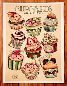 an old fashioned drawing of cupcakes with different toppings and decorations on them