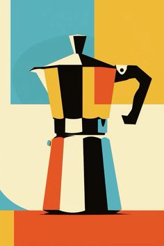 an image of a coffee maker that is in color and black, yellow, red, blue