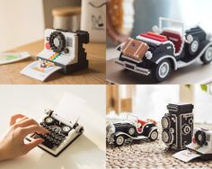 four different shots of an old fashioned car made out of legos and paperweights