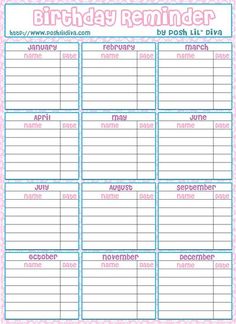 the birthday reminder calendar is shown in pink and blue