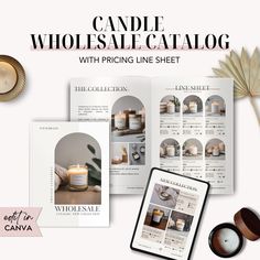 the candle wholesale catalog with pricing line sheet is displayed next to candles and other items