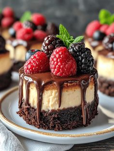 chocolate cheesecake with raspberries and blackberries on top sitting on a plate