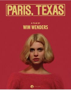 a movie poster for paris, texas with a woman in a red sweater looking at the camera