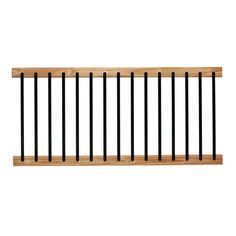 a wooden railing with black iron bars on the top and bottom, against a white background