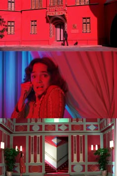 two different shots of a woman in front of a pink building with red curtains and lights