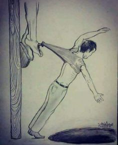 a pencil drawing of a man standing next to a pole with his hands on the ground