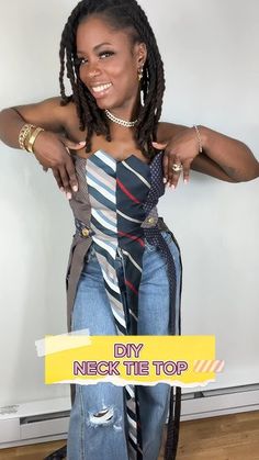 a woman with dreadlocks wearing a neck tie and holding her hands on her hips