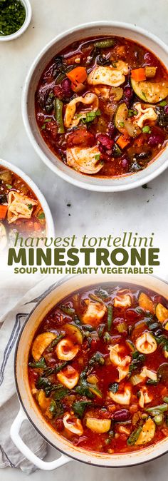 two bowls of shrimp and vegetable soup on top of a white table with the title, west tortillini minestone soup with hearty vegetables