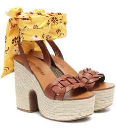 Miu Miu Platform, Heels Floral, Wardrobe Pieces, Miu Miu Shoes, High Heel Wedges, Leather Platform Sandals, Cute Heels, Leather Espadrilles