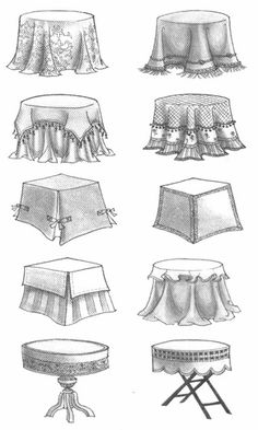 several different types of tablecloths with ruffled edges and lace trimmings