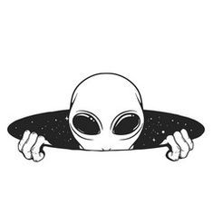 an alien hiding behind a black and white sign with space in the background, as if it were from outer space