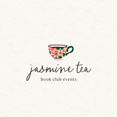 logo for book club events featuring tea cups with flowers on them and the words jasmine tea written in cursive font