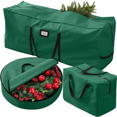 a green bag with christmas decorations in it and two other bags next to each other