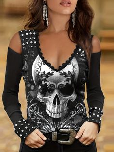 Goth Outfits Aesthetic, Skull Clothes, Skull Shoes, Punk Skull, Cold Shoulder Styles, Diy Crafts Life Hacks, Skull Clothing, Lace Tshirt, Plus Size Halloween