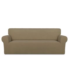 a beige couch sitting on top of a white floor