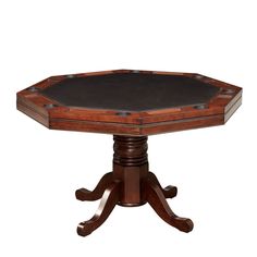 a wooden table with a black top and two pedestals on each side, in the shape of a hexagonal pentagon