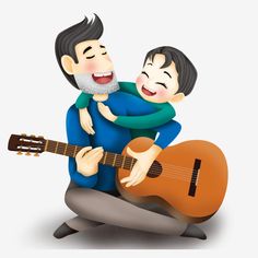 a man holding a little boy while he is playing the guitar with his arm around him