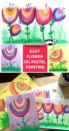 an easy flower oil pastel painting project for kids to do with watercolors