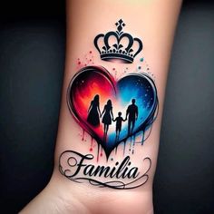 a family tattoo on the wrist with a heart and crown in it's center