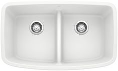 white double bowl kitchen sink with two drainers