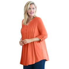 Woman Within Women's Plus Size Pleated Henley Top Top.Henley top with front pleats. Three-quarter sleeves with faux tabs. Feminine A-line shape with curved hem. Henley necklineCurved hemThree-quarter sleeves with faux tab detail30" tunic lengthCotton/rayon knit, importedMachine wash. About the brand: At Woman Within were the experts in plus size comfort, and weve been doing this for over 100 years. No surprise then that were one of the go-to brands in the plus-size clothing industry for incredib Leather Blazer Women, Plus Size Summer Tops, Egg Salad, Elegant Blouses, Woman Within, Henley Top, Ladies Of London, Avocado Egg, Top Top