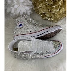 Step into style with our custom Pearl Hightop Converse. Perfect for weddings, parties, proms, or simply showcasing your unique fashion sense. Choose from a variety of colors to match your style. These shoes are true to size and designed for comfort. Please note that all sales are final, and we do not accept returns, refunds, or exchanges. Allow 14 business days for processing, and an additional 3-5 business days for shipping. For additional personalization options or inquiries, please contact us at assist@shoplca.com. We'll be happy to provide you with an invoice for any extra customization at an additional cost. Payment must be made within 48 business hours to ensure your order is processed smoothly. Converse High Tops, The Perfect Wedding, Fashion Sense, Wedding Sneaker, Chuck Taylors, Unique Fashion, Perfect Wedding, Wedding Shoe, Shoe Laces