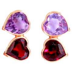 bright red and vivid purple stud earringe total 4ct heart shaped 15 x 8mm overall measurements 14kt yellow gold 1.7 grams Red Garnet, Natural Red, 14kt Gold, Bright Red, Jewelry Earrings Studs, Garnet, Heart Shapes, Violet, Amethyst