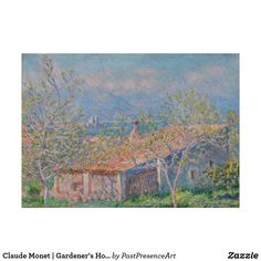 a painting of an old house with trees in the foreground