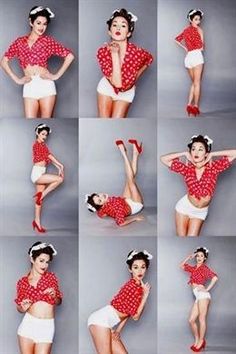 woman in red and white polka dot shirt doing various poses with her legs spread out