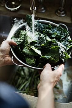 a person washing spinach leaves in a sink