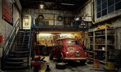 an old red car parked in a garage with stairs leading up to the second floor