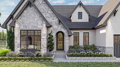 this is an artist's rendering of the front elevation of a house with stone and stucco accents