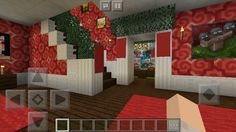 a room with red walls and carpeted flooring is shown in this minecraft video game