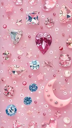 many different colored diamonds and stars on a pink background with the moon in the middle