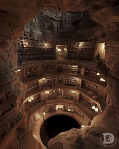 the inside of a cave with bookshelves and lights in it's ceiling