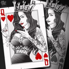 two playing cards, one with tattoos and the other with piercings on their arms