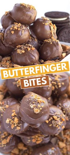 chocolate covered cookies stacked on top of each other with text overlay reading easy no bake butterfinger bites