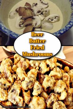 beer batter fried mushrooms are in a bowl and ready to be eaten with the words beer batter fried mushrooms above them