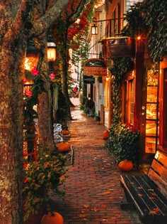 an alley way with pumpkins on the ground and lights hanging from buildings in the background