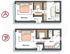 two floor plans for a bedroom and bathroom