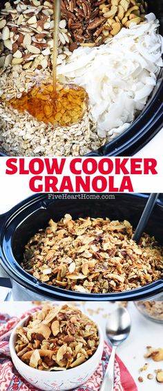 Slow Cooker Granola, three-photo collage with text showing crock pot granola ingredients, and then finished crockpot granola in slow cooker and bowl. Slow Cooker Granola Recipe, Wholesome Breakfast, Granola Recipe Healthy, Granola Recipe Homemade, Granola Healthy, Granola Recipe, Granola Recipes, Crockpot Recipes Slow Cooker, Homemade Granola