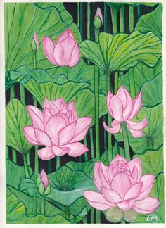 a painting of pink flowers and green leaves