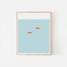 two goldfish swimming in the blue water under a white background framed art print by corbi