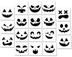 a set of twelve halloween pumpkin stencils in black and white, each with different faces