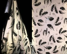 two pictures of curtains with black and white feathers on them, one is open to reveal the fabric